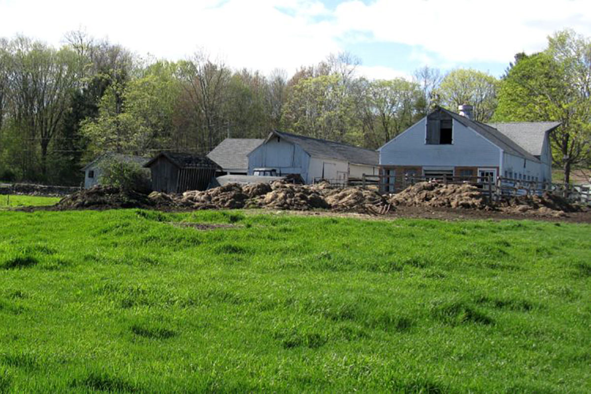 several gray barns