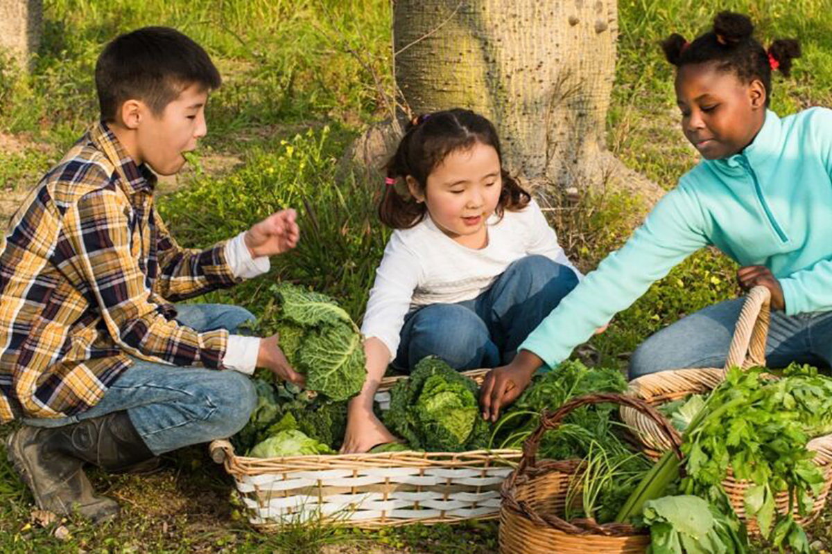 three kids eating from baskets of food